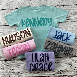 Monochromatic kids name t-shirt, gender reveal, family photo, trendy font, back to school, name shirt, toddler, baby, kids