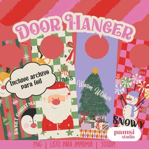 May include: Door hangers with Christmas-themed designs. The designs include a Santa Claus, a penguin, a Christmas tree, and a snowman. The text on the door hangers includes "Sweet Christmas", "Jolly Xmas", "Warm Wishes", and "Snowy".