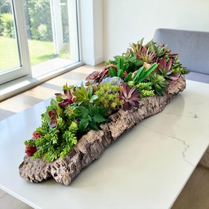 Grande centrotavola con succulente in corteccia di sughero, composizione di succulente artificiali, decorazione da tavola boho, vaso in sughero naturale, arredamento rustico di lusso per la casa