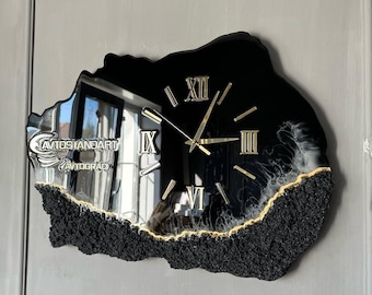 Black & Gold Geode Resin Wall Clock - Handmade Luxury Home Decor