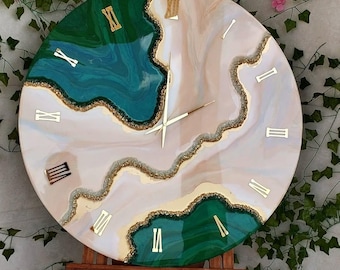 Green Gold Geode Resin Wall Clock, Handmade Epoxy Decor