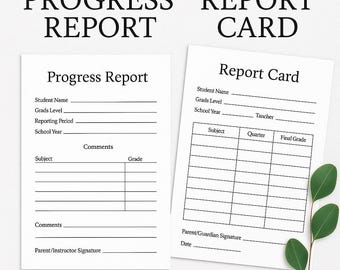 Puede incluir: Dos documentos de papel blanco con texto negro. El documento de la izquierda está etiquetado como "Progress Report" e incluye campos para el nombre del estudiante, las calificaciones, el período de informe y los comentarios. El documento de la derecha es una "Report Card".