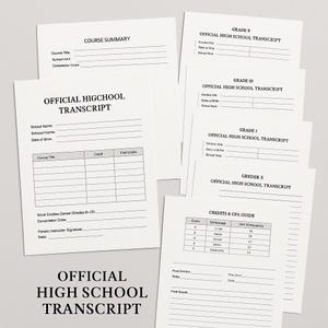 May include: A collection of white paper documents with the text "OFFICIAL HIGH SCHOOL TRANSCRIPT" printed in black. The documents include forms for course summaries, transcripts, and grade reports. The papers are arranged on a light gray surface.