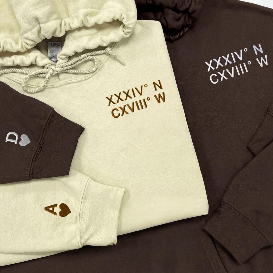 Custom Embroidered Roman Numeral Hoodie, Personalized Location ...