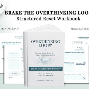 May include: A white workbook titled "OVERTHINKING LOOP?" with the text "Stop the Spiral Before It Makes the Decision for You." The workbook is part of a structured reset program. The image also shows printable PDF pages.