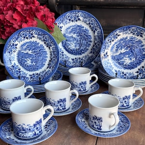 Service de table Churchill 30 pièces bleu et blanc – Décor champêtre anglais – Vaisselle anglaise vintage – 6 personnes – Made in England