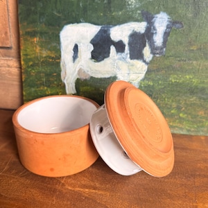 Antike Butterdose aus Terrakotta mit Wasserreservoir – Bauernbutter – Vintage-Buttertopf aus Frankreich – Flohmarkt