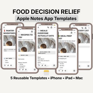 May include: A digital product mockup featuring five iPhone screens displaying Apple Notes app templates. The templates include pantry inventory, recipes, meal planning, and grocery lists. The text "FOOD DECISION RELIEF" and "Apple Notes App Templates" are at the top.