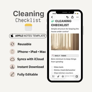 Op de afbeelding: Een digitale schoonmaakchecklist-sjabloon voor Apple Notes weergegeven op een smartphonescherm. De interface toont een lijst met dagelijkse taken zoals bedden opmaken en afwassen, met iconen voor herbruikbare, synchroniseerbare en bewerkbare functies.