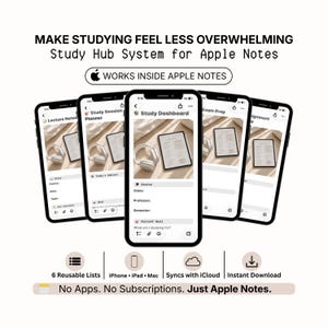 Può includere: Cinque smartphone mostrano un sistema di hub di studio per Apple Notes. Il testo recita: MAKE STUDYING FEEL LESS OVERWHELMING, Study Hub System for Apple Notes, WORKS INSIDE APPLE NOTES, 6 Reusable Lists, iPhone, iPad, Mac, Syncs with iCloud, Instant Download, No Apps. No Subscriptions. Just Apple Notes.