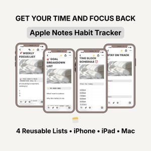以下が含まれることがあります： Apple Notesの習慣トラッカーを表示する4つのスマートフォン画面。Weekly Focus List、Goal Breakdown List、Time Block Schedule、Stay On Trackというテキストが含まれています。デジタルインターフェースには、iPhone、iPad、Mac用のタスクリストとスケジュールが表示されています。