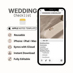 Bröllopschecklista Apple Notes-mall | Checklista för bröllopsplanering | Att-göra-lista för bröllop | Bröllopsarrangör | Digital bröllopsplanerare