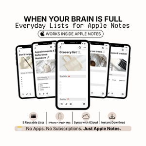 Op de afbeelding: Vijf smartphones met digitale lijsttemplates voor Apple Notes, getiteld "WHEN YOUR BRAIN IS FULL Everyday Lists for Apple Notes." De schermen tonen georganiseerde lay-outs voor afspraken, boodschappen en trackers. De tekst bevat "5 Reusable Lists," "Syncs with iCloud," en "No Apps. No Subscriptions. Just Apple Notes."