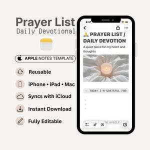 Puede incluir: Una plantilla digital de Apple Notes para una lista de oración y devoción diaria mostrada en una pantalla de smartphone. La interfaz presenta una imagen de una vela encendida, una sección de gratitud y campos de texto para iPhone, iPad y Mac.