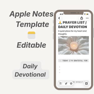 May include: A digital Apple Notes template displayed on a smartphone screen. The interface shows the text PRAYER LIST / DAILY DEVOTION, A quiet place for my heart and thoughts, a photo of a lit candle, and the text TODAY I'M GRATEFUL FOR.