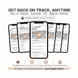 May include: A digital daily reset system for Apple Notes displayed on multiple smartphones. The text reads: GET BACK ON TRACK, ANYTIME, Daily Reset System for Apple Notes, WORKS INSIDE APPLE NOTES, 6 Reusable Lists, Syncs with iCloud, Instant Download, No Apps. No Subscriptions. Just Apple Notes.