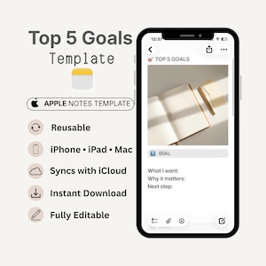 Może przedstawiać: Cyfrowy szablon do Apple Notes zatytułowany Top 5 Goals Template, wyświetlony na ekranie smartfona. Interfejs pokazuje układ wyznaczania celów z polami What I want, Why it matters i Next step oraz zdjęcie notatnika wewnątrz notatki.