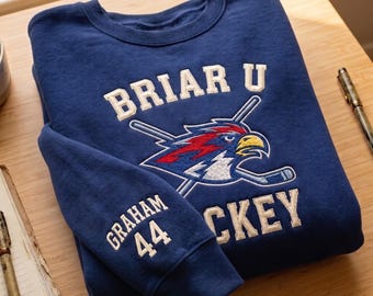 Embroidered Briar U Hockey Crewneck, Off Campus Inspired Sweatshirt, Custom Name Number Sleeve, Graham 44, Logan 22, Trending Shirt