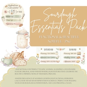 Puede incluir: Ilustración en acuarela de un paquete de elementos esenciales para la masa madre. El diseño incluye una calculadora de hidratación, un tarro con una etiqueta, pan y un horario para el sábado y el domingo. El texto dice "Sourdough Essentials Pack".