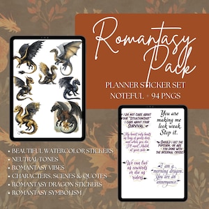Op de afbeelding: Een digitale planner sticker set genaamd "Romantasy Pack" met aquarel draken illustraties in neutrale tinten. Bevat citaten en scènes, met 94 PNG-bestanden. Voor digitale planning.