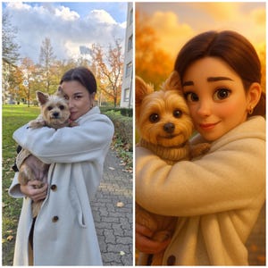 Può includere: Una donna con un cappotto chiaro abbraccia un piccolo cane marrone. Il cane indossa un maglione beige. Lo sfondo mostra un parco con alberi e un edificio. L'immagine è divisa, con il lato destro una versione a cartoni animati.