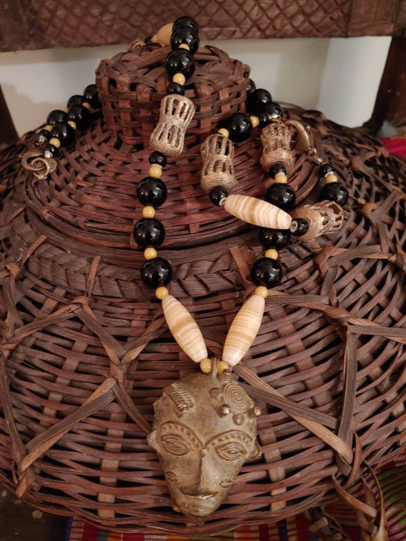 Men's Baule Brass African Mask With Yellow Agate, Black Onyx and YellowJade  - Jewelry Sets