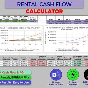 May include: A digital real estate rental cash flow calculator with charts and graphs. The calculator includes data for home value, rent, and stock market returns. Features include fast cash flow, ROI, and pro results.