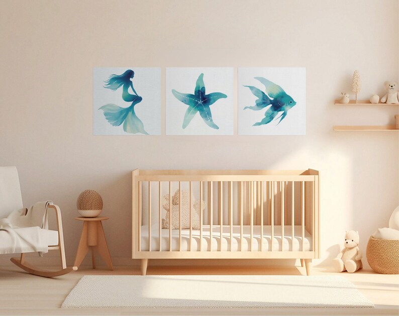 Mermaid Watercolor Wall Art Coastal Ocean Canvas Print Beach House Decor image 5