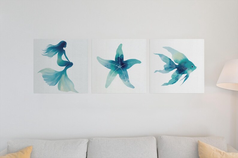 Mermaid Watercolor Wall Art Coastal Ocean Canvas Print Beach House Decor image 7