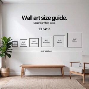 May include: Wall art size guide with square printing sizes. Displays six square frames with dimensions ranging from 6x6 inches to 20x20 inches. The total width is 92.4 inches. A bench, chair, rug, and plant are in the foreground.