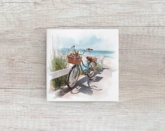 Bicicleta costera, arte mural playero en acuarela, impresión artística oceánica para regalar