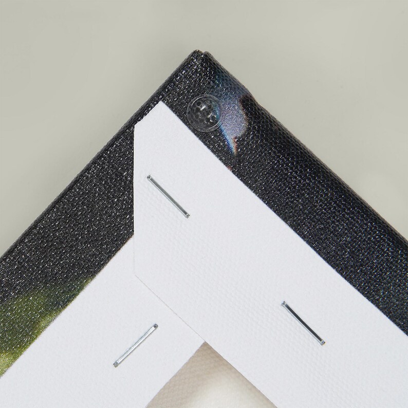 May include: Close-up of a canvas print corner. The canvas is stretched over a wooden frame and secured with staples. The canvas has a black textured surface and a white backing. A clear plastic corner protector is visible.