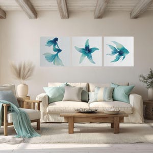 Mermaid Watercolor Wall Art Coastal Ocean Canvas Print Beach House Decor image 1
