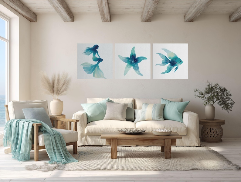 Mermaid Watercolor Wall Art Coastal Ocean Canvas Print Beach House Decor image 1