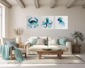Blue Crab Watercolor Canvas Art, Coastal Decor Print