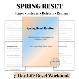 May include: A workbook titled "Spring Reset Routine" with the text "7 Days to Pause Release Refresh Realign." The cover has a gradient of orange and blue. The workbook is surrounded by pages with prompts for reflection. The words "Spring Reset" and "7-Day Life Reset Workbook" are at the top and bottom.