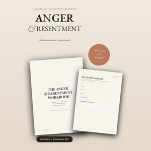 Op de afbeelding: Een begeleid zelfreflectie-werkboek getiteld Anger & Resentment met 36 pagina's in een printbaar PDF-formaat. De omslag bevat zwarte tekst op een crèmekleurige achtergrond en een binnenpagina toont een sectie genaamd The Invisible Scorecard.