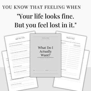 May include: A workbook titled "What Do I Actually Want?" with fill-in prompts, surrounded by other worksheets. The text "Your life looks fine. But you feel lost in it." is at the top. The workbook is for people who feel lost.