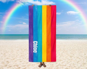 Rainbow Custom Name Beach Towel, Personalized LGBT Colorful Name Beach Towel, Rainbow Flag Premium Beach Towel, Pride Rainbow Beach Towel