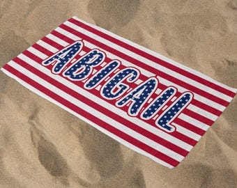American Flag Beach Towel with Custom Name, Personalized Beach Towels, Custom USA Flag, Option to Personalize, White Stars, Blue Stripes