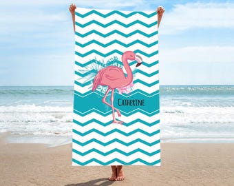 Flamingo Beach Towel, Custom Beach Towel, Personalized Beach Towel, Custom Name Beach Towel, Vacation Gift, Tropical Beach Towel, Kids Towel