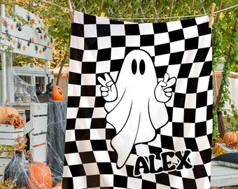 Custom Halloween Blanket, Ghost Custom Name Blanket, Personalized Halloween Theme, Halloween Gift Kids Teen, Retro Style, Toddler Blanket