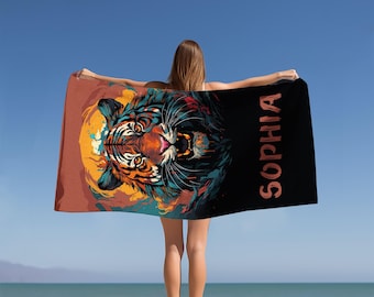 Tiger Beach Towel, Personalized Beach Towel, Custom Name Beach Towels, Animal Print Beach Towel, Fire Tiger One-Sided Print Beach Towel