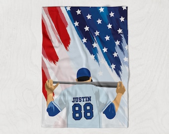 Personalized US American Flag Blanket, Customized Name Blanket Baseball, Team Name Blanket, US Patriotic Full Size Throw, American Theme