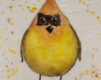 Tiny Cedar Waxwing Bird Watercolor Painting: 3x3" Original Art