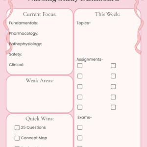 May include: A pink Nursing Study Dashboard with sections for study planning. It features areas for current focus, weekly topics, assignments, and exams. There are also sections for weak areas and quick wins, with checkboxes for tasks such as "25 Questions" and "Concept Map."