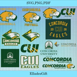 Pode incluir: Uma coleção de gráficos da Universidade Concordia em verde e dourado, incluindo mascotes de águias e texto. Os designs incluem "Concordia Eagles", "CUI" e "Concordia University Irvine". A imagem está rotulada como "SVG, PNG, PDF".