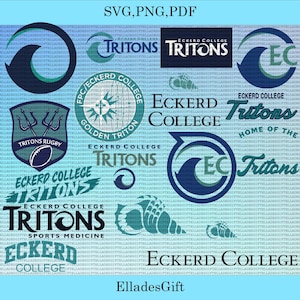 Puede incluir: Una colección de logotipos y diseños de texto de Eckerd College en tonos azules y verde azulado, incluyendo las palabras "TRITONS" y "ECKERD COLLEGE". La imagen incluye logotipos para deportes y otras actividades relacionadas con la universidad.