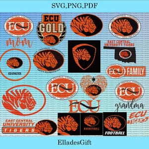 Może przedstawiać: Kolekcja pomarańczowo-czarnych grafik z motywem ECU (East Central University). Projekty obejmują logo z głową tygrysa, teksty takie jak "ECU Gold", "Mama", "Babcia" i terminy sportowe. Formaty to SVG, PNG i PDF.