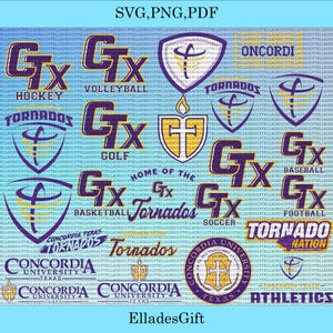 Puede incluir: Una colección de logotipos y elementos de texto en morado, dorado y blanco sobre un fondo azul claro. La imagen incluye el texto "SVG, PNG, PDF" y "ElladesGift". Los logotipos presentan las letras "GTX" y la palabra "Tornado" con deportes como hockey, voleibol y béisbol.